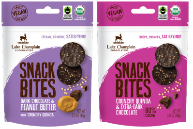 尚普蘭湖巧克力的新零食裝在一個方便、可重複密封的袋子裏。匹克湖尚普蘭巧克力