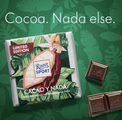 Ritter Sport的可可y Nada, 100%由可可製成，在德國不能被稱為巧克力。圖片:裏特體育