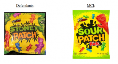 注入四氫大麻酚的軟糖STONEY PATCH(左)和來自Mondeléz加拿大的SOUR PATCH Kids(右)。圖片:訴訟截圖